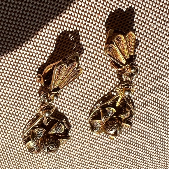 Victorian Etruscan filagree art nouveau Revival gold silver signed 925 Earrings - Picture 9 of 12